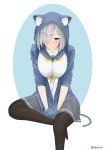  absurdres alternate_costume animal_ears animal_hood blue_eyes blue_hoodie blush breasts cat_hood collarbone embarrassed fake_animal_ears fake_tail grey_skirt hair_ornament hair_over_one_eye hairclip hamakaze_(kantai_collection) hands_in_pockets highres hood kantai_collection large_breasts pantyhose rinto_(ronto66) short_hair silver_hair simple_background skirt solo tail twitter_username white_background 