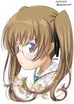  bangs black_ribbon blouse brown_eyes brown_hair closed_mouth commentary_request cropped_neck dated excel_(shena) eyebrows_visible_through_hair face floral_background girls_und_panzer glasses hair_ribbon highres long_hair looking_at_viewer ooarai_school_uniform oono_aya ribbon round_eyewear school_uniform serafuku solo transparent twintails twitter_username white_background white_blouse 