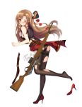  armband ass bison_cangshu blush brown_hair drill_locks fn-49 fn-49_(girls_frontline) full_body girls_frontline gloves green_eyes gun hat high_heels highres long_hair looking_at_viewer official_art pantyhose rifle shoes single_shoe skirt solo tears thigh_strap torn_clothes torn_legwear transparent_background wavy_mouth weapon 