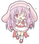  ;d animal_ears animal_hat ankle_lace-up apron bangs blush bow braid bunny_ears bunny_hat cross-laced_footwear dress eyebrows_visible_through_hair floppy_ears hair_between_eyes hair_bow hat heart heart_hands kneehighs long_hair one_eye_closed open_mouth original pink_dress pink_hat puffy_short_sleeves puffy_sleeves purple_eyes purple_hair red_bow red_footwear rinechun short_sleeves simple_background smile solo standing standing_on_one_leg twin_braids twitter_username very_long_hair waist_apron white_apron white_background white_legwear 