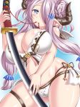  1girl bikini blue_eyes blush breasts cameltoe cleavage cow_girl cow_horns curvy doraf female gradient_background granblue_fantasy hair_bun hair_over_one_eye horns katana large_breasts long_hair long_twintails looking_at_viewer mouth_hold narmaya_(granblue_fantasy) narumeia_(granblue_fantasy) navel pink_hair pointy_ears shiny_skin simple_background solo standing swimsuit sword tsukioka_kirio twintails weapon white_bikini white_swimsuit wide_hips 