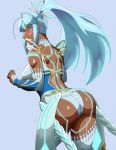  1girl arched_back armor ass bare_shoulders blue_background blue_eyes blue_hair blush breasts dark_skin detached_sleeves embarrassed glowing headgear highres large_breasts long_hair looking_at_viewer open_mouth ponytail regiman shiny shiny_hair shiny_skin simple_background solo standing thighhighs tokiha_(xenoblade) white_legwear xenoblade xenoblade_2 