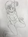  1girl breasts bulma dragon_ball female large_breasts long_hair looking_at_viewer monochrome pantyshot photo shoes side_ponytail sitting skirt solo traditional_media young_jijii 