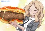  :t black_neckwear blazer blonde_hair cheese closed_eyes closed_mouth commentary dress_shirt eating emblem excel_(shena) eyebrows_visible_through_hair food food_on_face girls_und_panzer grey_jacket hair_intakes hamburger highres holding holding_food jacket kay_(girls_und_panzer) long_hair long_sleeves necktie oversized_food oversized_object pizza saunders_school_uniform school_uniform shirt sketch smile solo standing star twitter_username upper_body white_shirt wing_collar 
