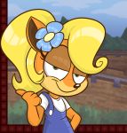  anthro bandicoot black_nose blonde_hair clothing coco_bandicoot crash_bandicoot_(series) female flower flower_in_hair fur green_eyes hair half-closed_eyes hi_res long_hair mammal marsupial orange_fur plant ponytail smile the-driz video_games 