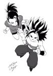  2girls black_eyes black_hair boots breasts caulifla dragon_ball dragon_ball_super female jumping kale_(dragon_ball) long_hair looking_at_viewer monochrome multiple_girls ponytail simple_background smile spiked_hair young_jijii 
