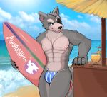  4_fingers abs anthro armpit_hair awoo beach beverage biceps blue_eyes blush bulge canine claws clothed clothing cup day eye_patch eyewear fur grey_fur holding_object male mammal muscular muscular_male outside pattern_clothing pecs portrait sand seaside skimpy sky solo standing striped_clothing surfboard sweat swimsuit three-quarter_portrait topless umbrella unknown_artist_(artist) water wet wolf 