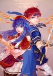  1girl absurdres armor blue_eyes blue_hair blush cape couple dress fire_emblem fire_emblem:_fuuin_no_tsurugi gloves hat hetero highres lilina long_hair looking_at_viewer open_mouth red_hair rheamii roy_(fire_emblem) short_hair simple_background smile 
