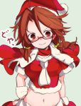  ahoge alternate_costume blush breasts brown_eyes brown_hair capelet closed_mouth commentary_request eyebrows_visible_through_hair furorina glasses hair_between_eyes hat looking_at_viewer low_twintails medium_breasts midriff navel nose_blush pom_pom_(clothes) red-framed_eyewear santa_costume semi-rimless_eyewear short_sleeves simple_background solo touhou twintails under-rim_eyewear upper_body usami_sumireko wavy_mouth 