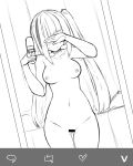  absurdres areolae ass_visible_through_thighs bangs bar_censor breasts cellphone cellphone_charm censored collarbone commentary_request covering_face diagonal_bangs dutch_angle flip_phone girls_frontline greyscale heavy_breathing highres korean_commentary kumasteam long_hair mdr_(girls_frontline) medium_breasts mirror monochrome navel nipples nude one_side_up phone reflection self_shot solo 