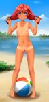  ass_visible_through_thighs ball barefoot beachball bikini_tan blue_eyes blue_sky blush breasts cloud collarbone commentary day everlasting_summer full_body grin highres huyase lake long_hair looking_at_viewer low_twintails nature navel nipples nude outdoors pubic_hair pussy red_hair sky small_breasts smile solo tan tanline teeth twintails uncensored ussr-tan water 