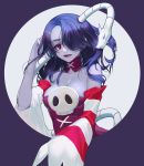  1girl bare_shoulders blue_skin breasts cleavage detached_collar detached_sleeves hair_down hair_over_one_eye leviathan_(skullgirls) monster_girl red_eyes skullgirls squigly_(skullgirls) stitched_mouth stitches striped striped_sleeves zombie 