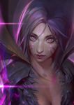  arieaesu bangs bodysuit breasts cleavage commentary eyebrows eyelashes face facial_mark highres kai'sa league_of_legends leaning_forward lips long_hair medium_breasts nose parted_bangs purple_eyes purple_hair purple_lips upper_body 