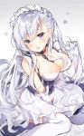  azur_lane bangs belfast_(azur_lane) between_breasts black_dress blue_eyes blush braid breasts chain cleavage collarbone dress elbow_gloves eyebrows_visible_through_hair gloves gradient gradient_background grey_background hair_between_eyes highres large_breasts long_hair looking_away looking_to_the_side maid maid_headdress open_mouth pingo signature silver_hair sitting sleeveless sleeveless_dress solo sweat thighhighs upper_teeth very_long_hair wariza white white_background white_gloves white_legwear 