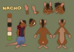  anthro black_hair brown_fur clothed clothing fur green_eyes hair male mammal model_sheet nacho rat ritwell rodent simple_background solo standing text 