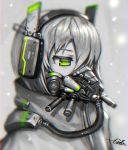  blurry close-up face gia green_eyes hair_over_one_eye headphones jacket original oxygen_mask short_hair signature silver_hair snowing solo spot_color turtleneck 
