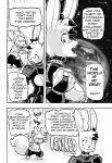  2018 angry anthro cleavage_cutout clothed clothing comic cookie_(furryfight_chronicles) daigaijin dialogue duo english_text female fluffy fluffy_tail fur furryfight_chronicles hair lagomorph mammal monochrome muko rabbit rodent squirrel text 