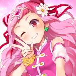  ;) clenched_teeth commentary_request cure_yell flower hair_flower hair_ornament hair_ribbon heart hugtto!_precure long_hair looking_at_viewer magical_girl nekosugi_(hoshi) nono_hana one_eye_closed pink_eyes pink_hair precure red_ribbon ribbon smile solo teeth upper_body v 