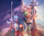  1girl armor blue_eyes blue_hair cape eirika ephraim fire_emblem fire_emblem:_seima_no_kouseki garmmy holding holding_spear holding_sword holding_weapon long_hair oil_painting_(medium) polearm siblings spear sword traditional_media twins weapon 