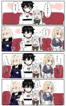  3girls 4koma :d =_= ahoge bell black_hair blonde_hair blue_eyes blush_stickers bow comic couch crossed_arms fate/grand_order fate_(series) flying_sweatdrops fujimaru_ritsuka_(male) gauntlets hair_bell hair_bow hair_ornament heart highres jeanne_d'arc_(alter)_(fate) jeanne_d'arc_(fate) jeanne_d'arc_(fate)_(all) jeanne_d'arc_alter_santa_lily jingle_bell motion_lines multiple_girls open_mouth petting pout purple_eyes ranf short_hair sitting sleeve_tug smile translation_request white_hair wicked_dragon_witch_ver._shinjuku_1999 yellow_eyes 
