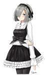  alternate_costume arm_across_waist arm_at_side bangs black_dress black_legwear blue_eyes blush bow_dress breasts closed_mouth collared_shirt dress frilled_dress frills gothic_lolita hair_ornament hair_over_one_eye hairclip hamakaze_(kantai_collection) hand_on_own_arm headdress highres kantai_collection large_breasts lolita_fashion long_sleeves looking_at_viewer pantyhose retorillo shirt short_hair sidelocks signature silver_hair simple_background sleeves_past_wrists solo striped striped_shirt white_background 