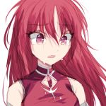  absurdres alternate_hairstyle bad_id bad_pixiv_id bangs bare_shoulders breasts commentary eyebrows_visible_through_hair hair_between_eyes hair_down highres long_hair magical_girl mahou_shoujo_madoka_magica misteor open_mouth purple_eyes red_hair red_shirt sakura_kyouko shirt small_breasts solo white_background 
