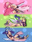  ahoge angel_wings azriel_(no_game_no_life) blue_hair blush commentary_request crop_top feathered_wings gloves green_hair hair_over_one_eye halo highres jibril_(no_game_no_life) long_hair low_wings magic_circle midriff multicolored multicolored_eyes multiple_girls navel no_game_no_life open_mouth orange_eyes pink_hair raphael_(no_game_no_life) short_hair tattoo torn_clothes very_long_hair white_wings wing_ears wings yellow_eyes younger yuiti43 
