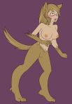  2016 big_breasts blush breasts brown_hair canine eyewear featureless_crotch female glasses hair jonfawkes mammal nipples nude open_mouth simple_background solo standing tongue tongue_out transformation were werewolf 
