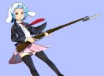  :o animal_ears aqua_hair bayonet black_jacket black_legwear blazer blue_background bolt_action bunny_ears buttons carcano collared_shirt commentary_request crescent crescent_moon_pin ears_through_headwear eyebrows feet_out_of_frame finger_on_trigger flat_chest forehead gradient_eyes gun highres holding holding_gun holding_weapon jacket kachikachipiroo leaning_back looking_at_viewer multicolored multicolored_eyes necktie pink_skirt pleated_skirt pocket red_eyes red_neckwear reisen rifle shirt short_hair simple_background skirt solo thighhighs touhou v-shaped_eyebrows weapon white_shirt wing_collar yellow_eyes zettai_ryouiki 