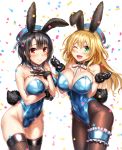  adapted_costume animal_ears atago_(kantai_collection) beret black_gloves black_hair black_legwear blonde_hair blue_hat blue_leotard blush breasts bunny_ears bunny_girl bunny_tail bunnysuit cowboy_shot detached_collar fake_animal_ears fishnet_legwear fishnet_pantyhose fishnets gloves green_eyes hand_on_own_chest hat highleg highleg_leotard kantai_collection large_breasts leg_garter leotard long_hair looking_at_viewer mika_(1020mk) multiple_girls one_eye_closed open_mouth pantyhose red_eyes short_hair smile strapless strapless_leotard tail takao_(kantai_collection) thighhighs white_background wrist_cuffs 