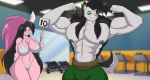  2018 5_fingers abs anthro arm_wraps belt biceps big_breasts big_bulge big_hair big_muscles bikini black_fur black_hair breasts bulge canine cleavage clothed clothing dog female flexing fur green_eyes grin gym hair holding_object holding_sign husky inside kyoko_usagi lagomorph long_hair male mammal manly mastergodai multicolored_fur multicolored_hair muscular muscular_male pecs pink_fur pink_hair rabbit rascals shorts sign smile swimsuit thick_thighs tristan_beaner two_tone_fur two_tone_hair voluptuous white_fur wide_hips wraps 