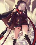  absurdres belt boots breasts cape cleavage commentary_request from_below fur_trim grin hair_over_one_eye hand_up highres holding holding_sword holding_weapon hood hood_up looking_at_viewer medium_breasts nail_polish nekobell red_eyes shadowverse short_hair silver_hair sleeves_past_wrists smile solo standing sweat sword thigh_boots thigh_strap thighhighs thighs weapon wizardess_of_oz 