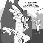  2018 anthro barefoot buckteeth bulletproof_vest clothed clothing crouching dialogue disney dual_wielding duo english_text eyewear female goggles greyscale holding_object holding_weapon judy_hopps lagomorph mammal mask monochrome outside paintball paintball_gun rabbit replytoanons shooting sound_effects speech_bubble standing teeth text turtleneck violet_hopps_(zootopia) weapon zootopia 