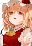  artist_name ascot bad_id bad_twitter_id blonde_hair bow brooch fingernails flandre_scarlet gotoh510 hat hat_bow highres jewelry long_hair looking_at_viewer mob_cap nail_polish one_side_up pointing puffy_short_sleeves puffy_sleeves red_bow red_eyes red_nails short_sleeves simple_background solo touhou upper_body vest white_background white_hat wings yellow_neckwear 
