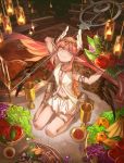  alcohol apple candlestand circe_(fate/grand_order) cup fate/grand_order fate_(series) fish food from_above fruit gradient_eyes head_wings highres july_(shichigatsu) meat multicolored multicolored_eyes pineapple pink_hair plate pointy_ears sitting sparkle staff wariza wine wings 