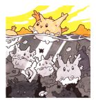  closed_mouth commentary corsola creature english_commentary excarabu gen_2_pokemon inktober mountain nature no_humans outdoors partially_colored pokemon pokemon_(creature) smile swimming underwater water yellow_sky 