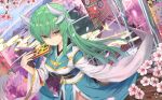  bangs breasts closed_fan closed_mouth commentary_request dragon_girl dragon_horns eyebrows_visible_through_hair fan fate/grand_order fate_(series) fingernails flower folding_fan green_eyes green_hair hair_between_eyes hand_up highres holding holding_fan horns japanese_clothes kimono kiyohime_(fate/grand_order) large_breasts long_hair long_sleeves looking_at_viewer nail_polish petals pink_flower purple_nails shaded_face sidelocks sleeves_past_fingers sleeves_past_wrists smile solo tsubaki_(yi) very_long_hair white_kimono wide_sleeves 