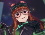  blush breasts brown_hair commission eyebrows_visible_through_hair glasses goggles goggles_on_head kamille_(vcx68) long_hair looking_at_viewer medium_breasts parted_lips persona persona_5 purple_eyes sakura_futaba smile solo upper_body 