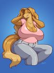  2018 anthro big_breasts big_thighs blazbaros breasts canine cleavage clothed clothing digital_media_(artwork) dog dogmom female fully_clothed hair hi_res jeans long_hair mammal pants saluki shirt simple_background solo 