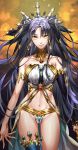  arms_at_sides bare_arms bare_shoulders black_hair breasts commentary_request drill_hair eyebrows_visible_through_hair fate/grand_order fate_(series) hair_between_eyes headwear highres ishtar_(fate/grand_order) long_hair looking_at_viewer medium_breasts midriff_peek multicolored navel partial_commentary simple_background solo tenobe thigh_gap yellow_eyes 