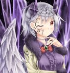  1girl ;o akiteru98 bow bowtie breasts brooch collared_shirt earrings fur_trim half_updo jacket jewelry kishin_sagume looking_at_viewer medium_breasts one_eye_closed red_eyes ring shirt silver_hair single_wing solo tattoo touhou wings 