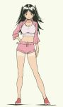  bangs black_eyes black_hair breasts cleavage contrapposto cropped_jacket crossed_arms full_body hand_on_hip jacket large_breasts long_hair midriff navel original parted_bangs pas_(paxiti) pink_jacket pink_shorts red_footwear shirt shoes short_shorts shorts slit_pupils smile sneakers solo standing tan tanline two_side_up white_shirt 