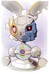  broken bummerdude closed_mouth commentary creature gen_7_pokemon glowing glowing_eye grey_background highres legendary_pokemon magearna no_humans parody pink_eyes pokemon pokemon_(creature) robot solo terminator upper_body 