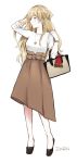  alternate_costume bag belt belt_buckle black_eyes black_footwear blonde_hair braid brown_skirt buckle casual character_name full_body handbag highres italian_flag jewelry kantai_collection long_hair long_skirt looking_away looking_to_the_side morinaga_miki necklace no_legwear no_socks one_side_up pendant profile shirt shoes side_braid simple_background skirt sleeves_past_elbows solo standing wavy_hair white_background white_shirt zara_(kantai_collection) 