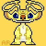  2018 alien angoraram antennae blue_eyes brown_nose chest_tuft countershading digital_media_(artwork) disney experiment_(species) front_view fur lilo_and_stitch looking_at_viewer pixel_(artwork) simple_background smile solo sparky_(lilo_and_stitch) standing tuft white_countershading yellow_background yellow_fur 