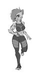  2018 anthro bluedouble bra claws clothed clothing female fur greyscale hair hair_over_eye hyena looking_at_viewer mammal midriff monochrome one_leg_up simple_background solo sports_bra spots spotted_fur standing underwear white_background 
