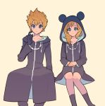  1girl black_coat black_coat_(kingdom_hearts) black_gloves black_pants blonde_hair blue_eyes blush commentary_request finger_to_face gloves hood hooded_jacket hoodie jacket kingdom_hearts kingdom_hearts_358/2_days kingdom_hearts_ii medium_hair mickey_mouse_ears namine organization_xiii pants protected_link roxas simple_background sitting smile vocon 
