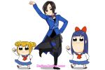  2girls aoi_shouta bangs black_hair blue_eyes blue_hair blue_jacket blunt_bangs boots bow dancing hair_bow jacket jewelry long_hair multiple_girls necklace orange_hair pipimi poptepipic popuko real_life red_bow school_uniform seiyuu serafuku short_twintails simple_background smile standing standing_on_one_leg twintails white_background yellow_eyes yurichika_(pixiv3221904) 