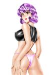  1girl 90s agent_aika ass bangs bare_legs bare_shoulders black_bra black_delmo black_delmo_leader blush breasts brown_eyes delmo erect_nipples female from_behind hand_on_hip looking_back medium_breasts open_mouth panties pantyshot pixiv purple_hair shiny shiny_skin short_hair simple_background skin_tight solo sports_bra standing thighs underwear underwear_only white_background yuusuke_(ziyasu) 