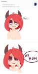  2018 ask_blog better_version_at_source big_breasts blush breasts clothed clothing demon dialogue digital_media_(artwork) embarrassed english_text female hair hi_res horn humanoid invalid_tag looking_at_viewer meryiel nipples not_furry red_hair sequence solo speech_bubble standing succ_the_succubus succubus text toony topless 